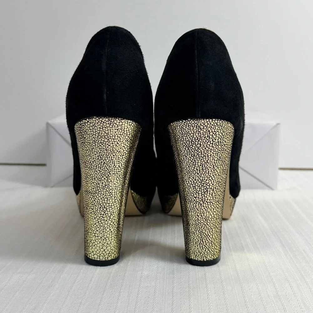 Menbur Womens‎ Heels 40 Suede Peep Toe Platform Bow Gold Block Heel Black